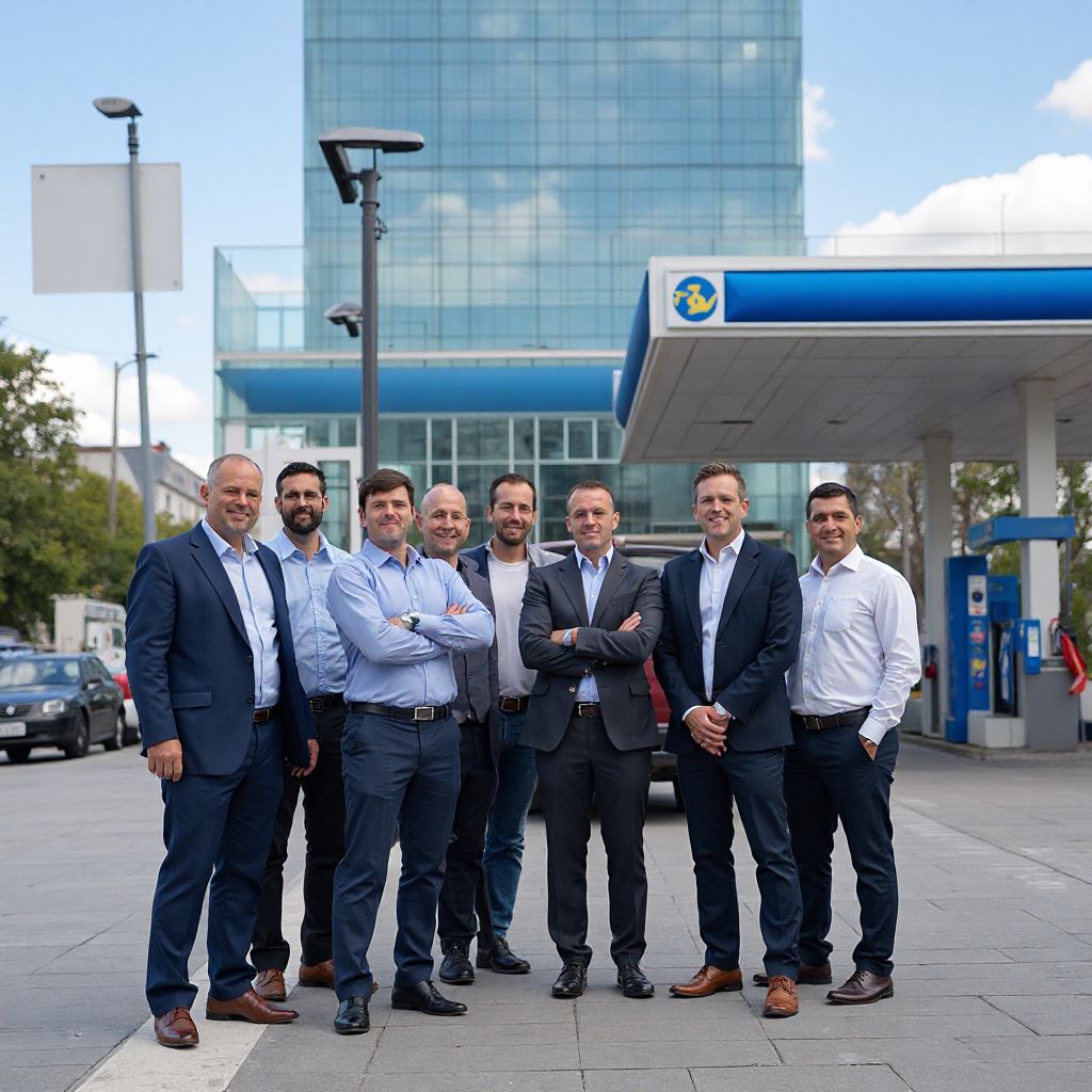 Equipo de EstacionesAR frente a estación de servicio